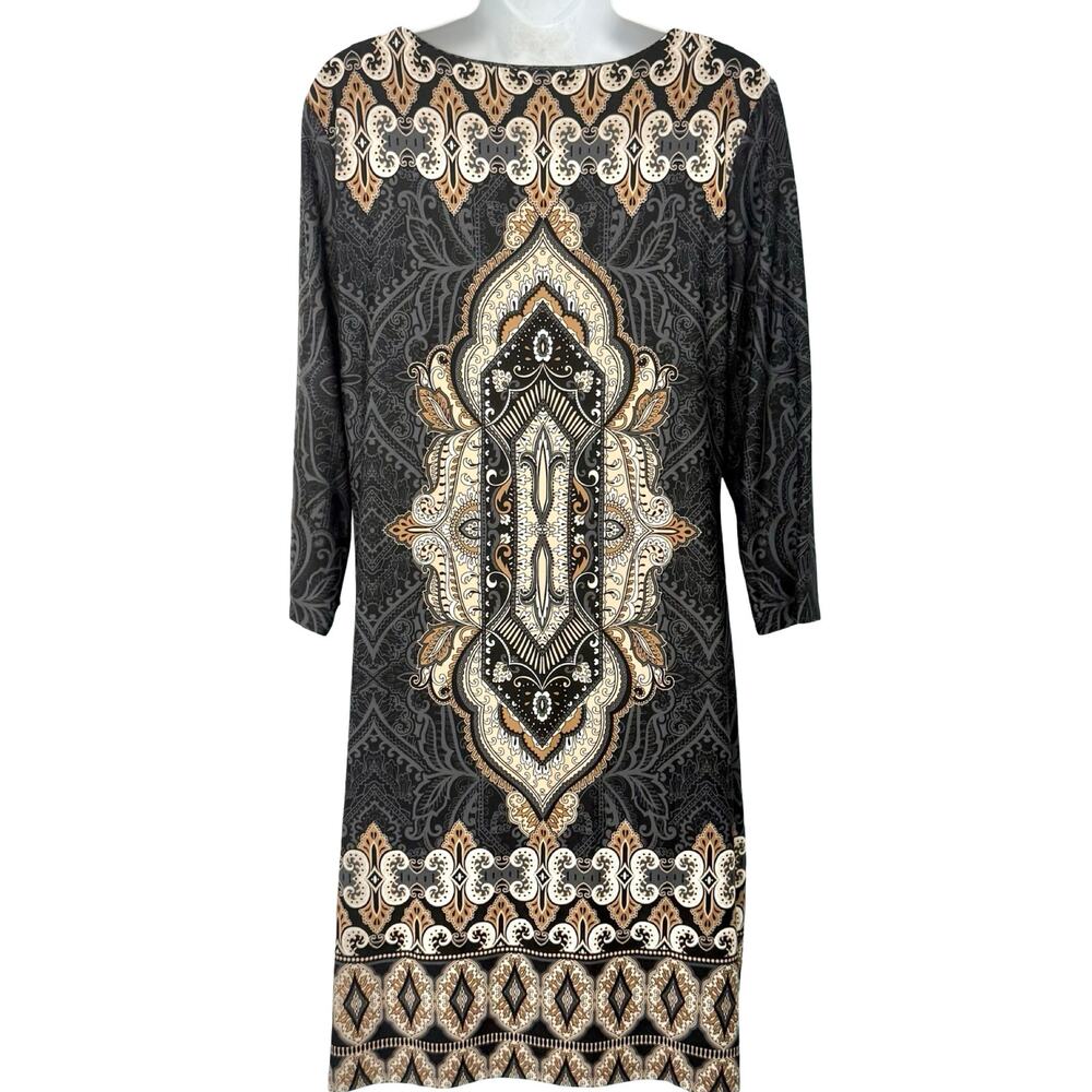 Charter Club Gray Brown Cream Filigree 3/4 Sleeve Sheath Dress Petite size L PL - Picture 4 of 9